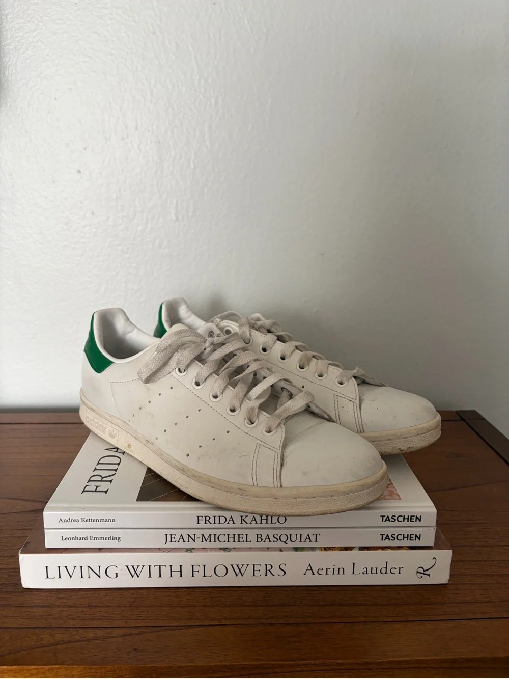 Men's White Leather Sneakers with Green Heel Tab